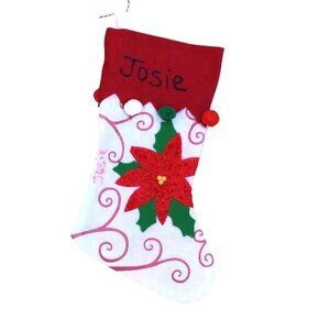 RED/WHITE POINSETTIA CHRISTMAS STOCKING "JOSIE" EMBELLISHED ON TOP SIZE-16"